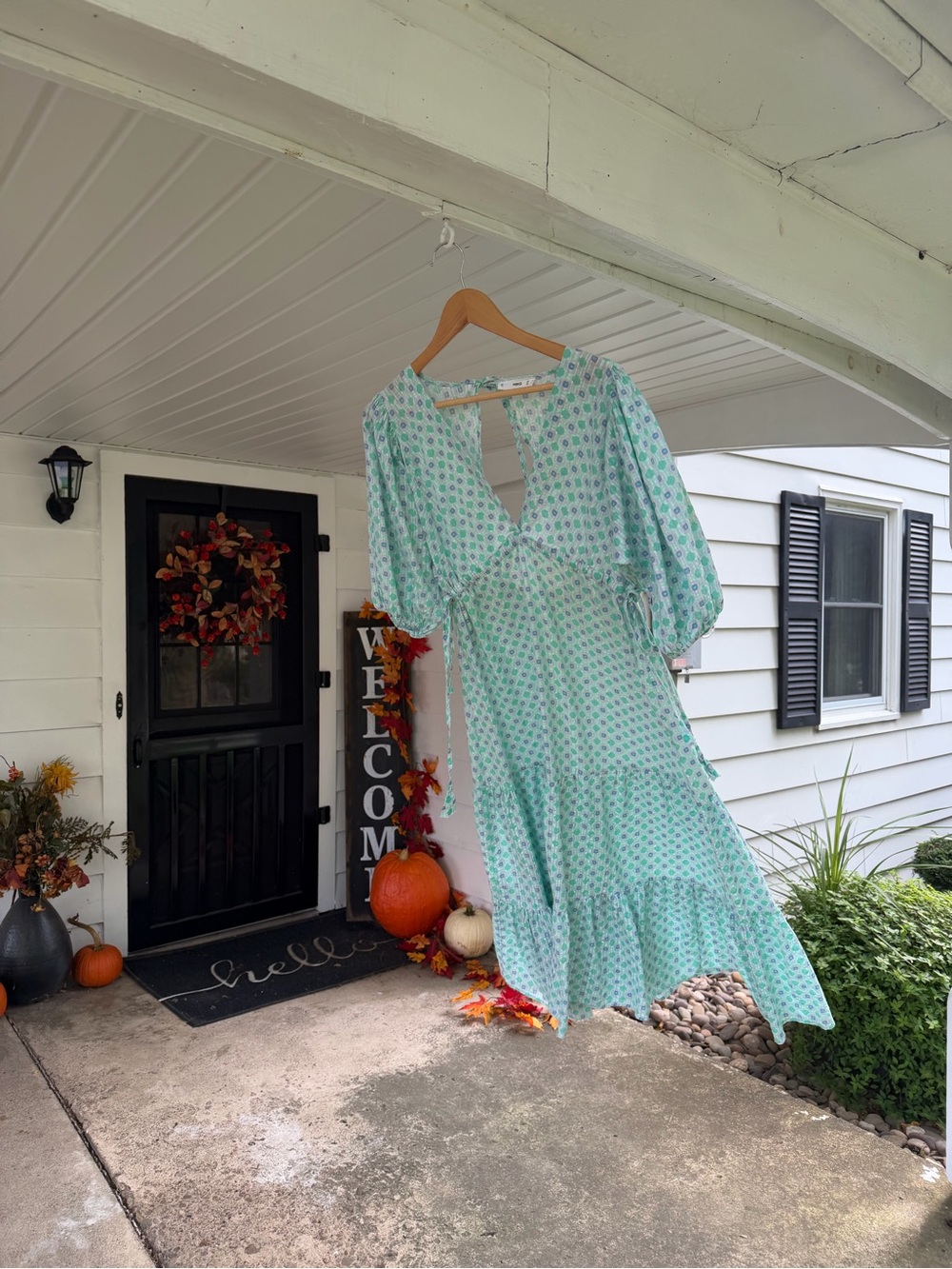 MNG Mango Green Floral Maxi Dress Size 6 Puff Sleeve Tiered Boho